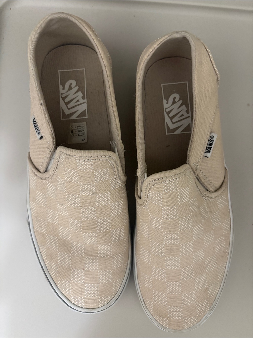 Vans Beige Checkerboard Slip-On Sneakers